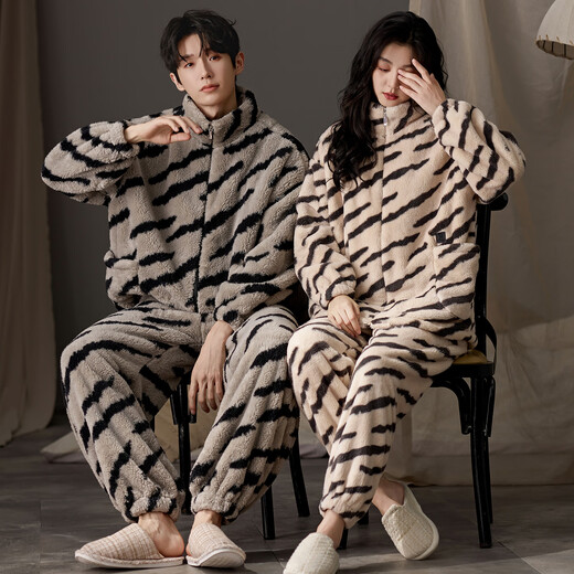 LangSha couple pajamas for winter, one man and one woman, warm flannel thickened cardigan, casual and can be worn outside, autumn and winter home clothes, female 88659 + male 88660 M female + L male