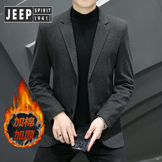 JEEP SPIRIT Jeep Men's Suit Woolen Suit Autumn and Winter Woolen Small Suit Slim-fitting Korean Style Light Luxury Warm Style Cotton and Thickened Gray (Cottoned) Thickened M