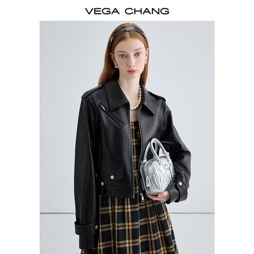 VEGA CHANG black leather jacket for women 2025 autumn new British style cool motorcycle leather jacket short coat Obsidian Black S