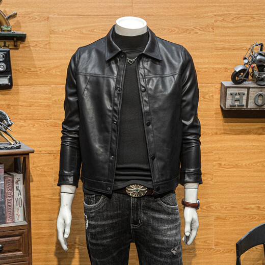 JAGR潮牌 皮衣外套男修身翻领皮夹克新款休闲上衣潮流男士仿皮衣 黑色 黑色 3XL