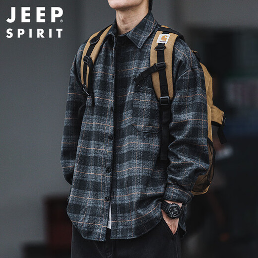 JEEP SPIRIT Jeep brushed thickened plaid shirt men's autumn and winter workwear long-sleeved shirt casual jacket dark gray 2XL