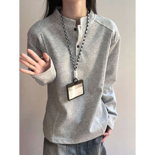 Xinyoujie American Henry collar polo shirt sweatshirt for men and women in autumn deconstructed splicing long-sleeved T-shirt cleanfit right shoulder top Gray M