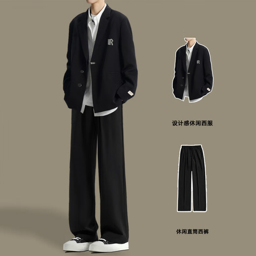 XUANSENTU handsome suit jacket men's spring and autumn Korean style loose men's suit with handsome casual suit trendy black 2-piece suit jacket + pants L