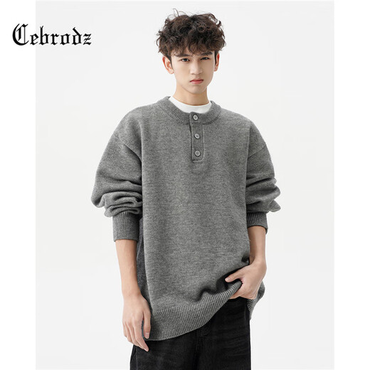 Cebrodz French sweater men's autumn and winter new fashion brand American Henry collar sweater casual tops couple jacket dark gray L