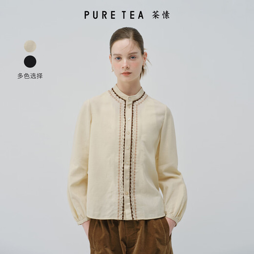 PURE TEA Shopping mall same style puretea tea artistic French stand collar peony flower embroidered shirt for women 2025 winter new graphite black S