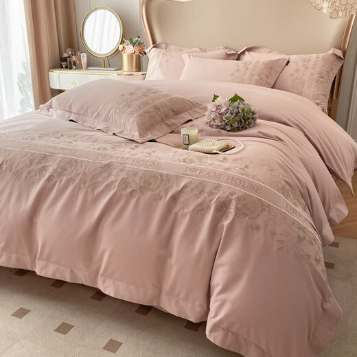 Mercury Series 200 Count Class A maternal and infant grade thickened cotton brushed four-piece set 100 pure cotton floral embroidered quilt cover bedding Hongtao - Class A pure cotton brushed 2.0m bed sheet style four-piece quilt cover 220x240cm