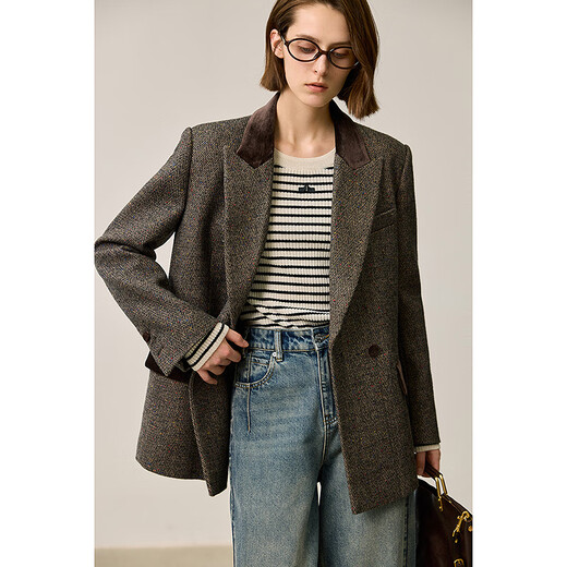 LILY2025 new winter style wool retro Maillard colorful dot velvet waist temperament commuter suit jacket for women 710 coffee M