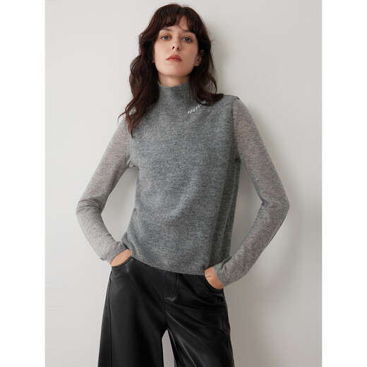 ELLE French Sheep Alpaca Gray Sweater Women's 2025 Winter New High Neck Design Knitted Sweater Light Gray S