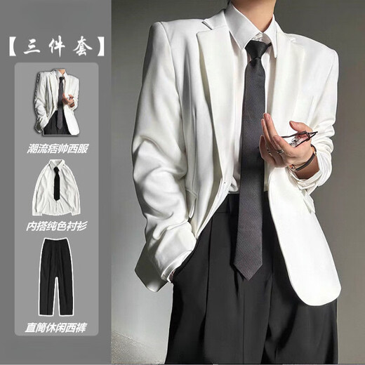 An Chuxia white high-end right shoulder suit for men ins relaxed neutral style handsome minimalist suit jacket for men and women three-piece white suit + white shirt + white trousers black L