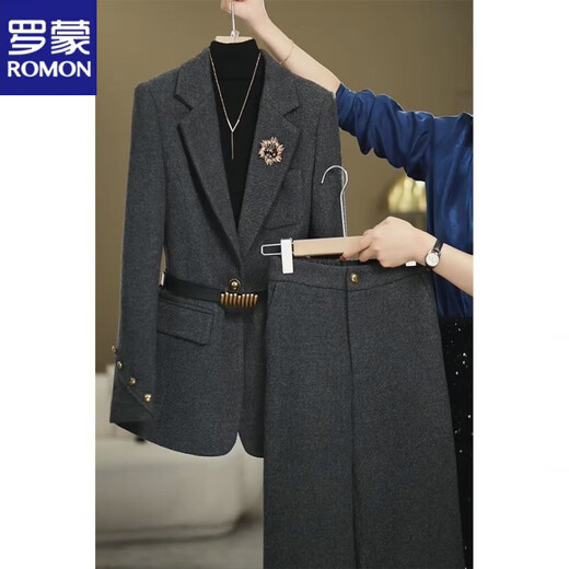 ROMON High-end Internet Celebrity Woolen Suit Women's 2025 Winter Style Commuting Slim Jacket + Wide Leg Pants Dark Gray Two-piece Set XL Recommended 115-125 Jin Jin equals 0.5 kg