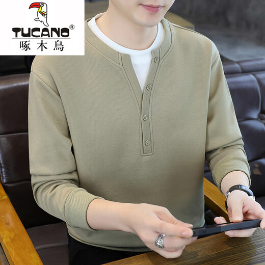 Woodpecker fake two-piece sweatshirt autumn men's Henry collar bottoming shirt 2025 spring and autumn new trendy brand loose long-sleeved T-shirt white M