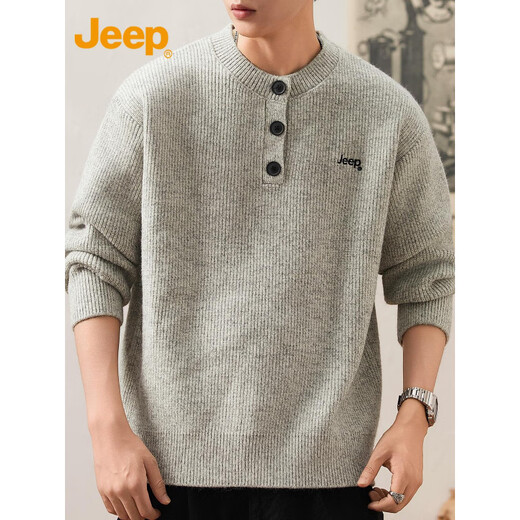 JEEP Jeep Casual Sweater Men's 2025 Autumn and Winter Henley Neck Sweater Trendy Brand Loose Sweater Men 25005 Light Gray Jeep Official M_90-110Jin Jin is equal to 0.5 kg