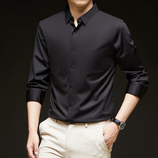 Повседневная, без утюга, осенне-зимняя бесшовная рубашка с длинными рукавами, мужской однотонный топ со свободным остроконечным воротником, деловой черный цвет для молодежи и среднего возраста. Рекомендуемый размер XL 135-155 Цзинь Цзинь равен 0,5 кг.