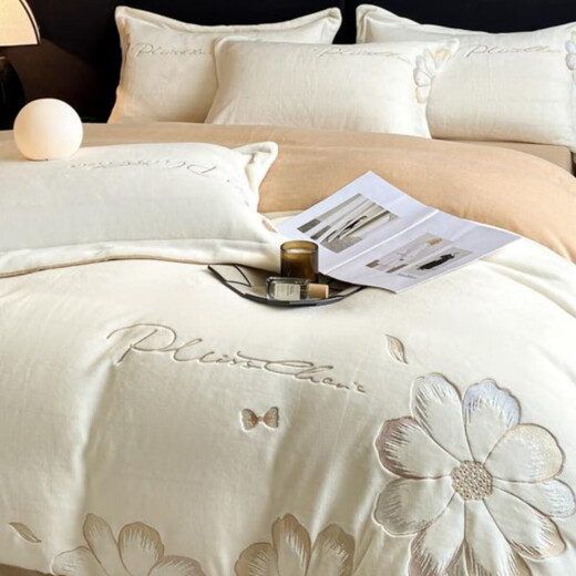 Mercury series 2024 new winter thickened milk velvet four-piece set warm coral velvet embroidered quilt cover sheet fitted sheet plush bedding Class A quick heating non-shedding milk white 1.5 meter bed sheet style four-piece set quilt cover 200 230