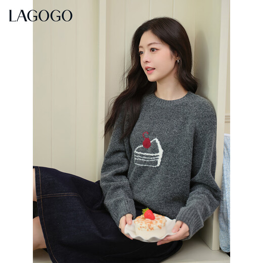 LAGOGO Cherry Black Forest Dark Gray Sweater Women Lagogu 2025 Winter New Style Woolen Round Neck Sweater Dark Gray M