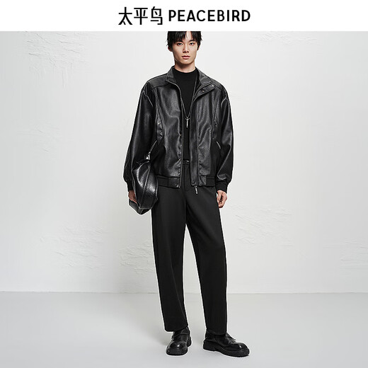 PEACEBIRD Men's Wear Shopping Mall Same Style 2025 Winter New PU Leather Stand Collar Jacket B2BCF4119 Black 1 L