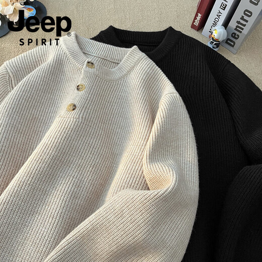 JEEP SPIRIT 2025 American casual retro Henry collar sweater men's autumn and winter lazy style high-end knitted sweater for men black L