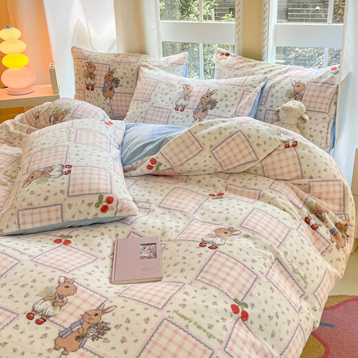 Langsha (langsha) autumn and winter plus velvet milk velvet bed four-piece set small fresh thick coral velvet sheet quilt cover three-piece bedding set pastoral rabbit + baby blue 1.8m bed sheet style four-piece set - quilt cover 200*230