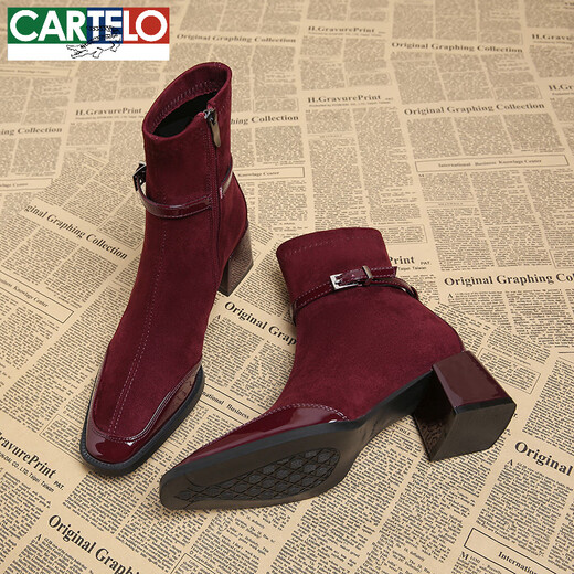 CARTELO French retro small ankle boots high-heeled short boots for women 2026 autumn and winter new style versatile comfortable thick heel thin boots short boots for women Angora Red 37