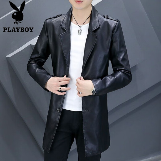 Playboy (PLAYBOY) chaqueta de cuero de longitud media con cuello de traje para hombre, chaqueta de cuero de PU delgada e informal de negocios, chaqueta de traje cortavientos atractiva de color sólido 8810 negro de longitud media 3XL (145-158Jin Jin equivale a 0,5 kg)