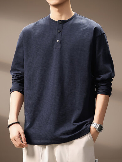 New Balance high-end bamboo cotton Henry collar long-sleeved T-shirt for men spring and autumn new loose casual top men's pure cotton bottoming shirt Royal Blue XL suitable for 150-170 Jin Jin equals 0.5 kg