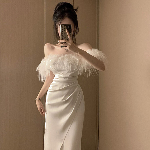 ACJK French style celebrity banquet evening dress long skirt-like slim one-shoulder fishtail dress spring and winter new style white S