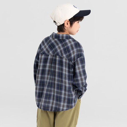 Duojia salt-style literary style boys' shirts 2025 autumn handsome and refreshing small blue checkered long-sleeved children's cotton tops blue checkered 130