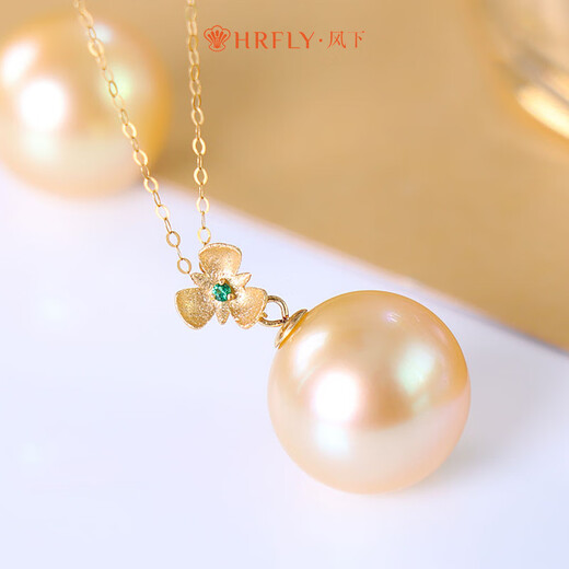 Gold bead pendant under the wind 18K gold seawater pearl necklace autumn and winter versatile perfect round single clavicle chain fashion gift for mother 11-12mm