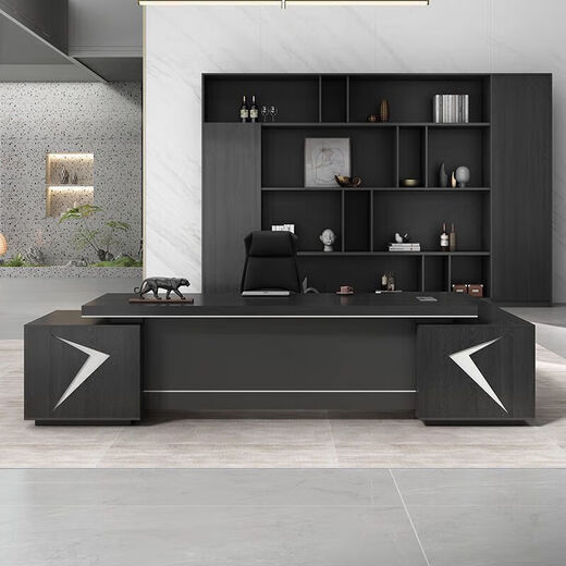 Office boss desk, office desk, chair and chair combination, simple modern executive desk, president desk, manager desk complete set, North American Stowe walnut and Nicola gray 1.8m thickened table + single side cabinet