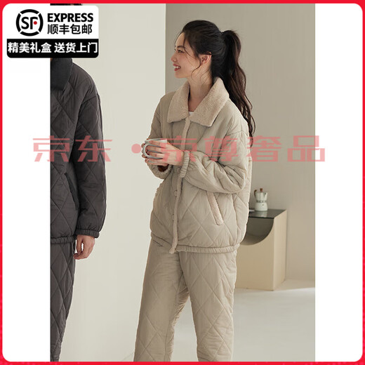 FENTENGG three-layer quilted couple's pajamas for women in winter, anti-static, fashionable and wearable, large size men's home wear suit 64406 tea gray-female L 3 layers
