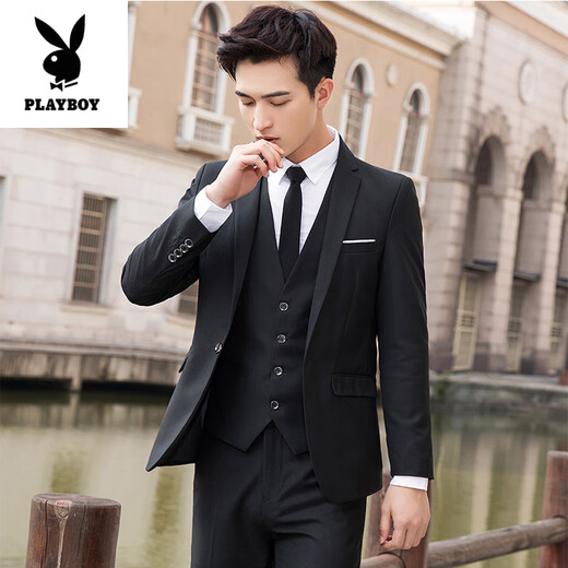 Playboy (PLAYBOY) high-end suit men's three-piece suit Korean style groom wedding suit tailored groomsman dress casual professional formal burgundy suit + pants + vest + shirt free M