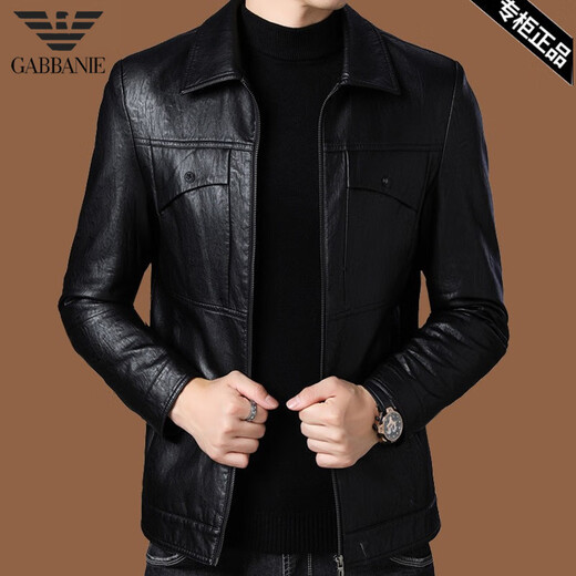 ARMANI EXCHANGE Armani high-end lapel leather jacket men's velvet thickened leather jacket young and middle-aged jacket men's winter jacket AG/BL813 black thin section M 170