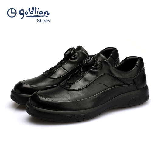 Goldlion Men's Shoes 2025 Autumn New Hand-scratch Pattern Men's Casual Leather Shoes Round Toe Thick Sole Swivel Buckle Business Commuting Shoes Black 38 One Size Larger Than Standard Leather Shoes