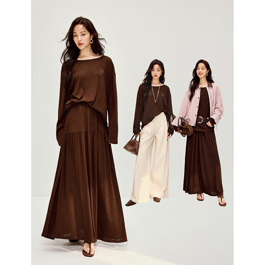 INMAN (INMAN) Inman lazy one-line neck strap knitted suit 2026 spring women's new drape A-line skirt light brown M