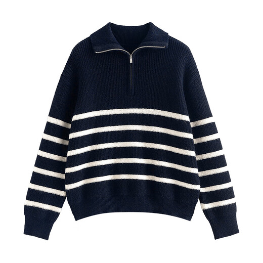 Chuyu Sweater Women's 2025 Winter New Striped Lapel Thick Warm Knitted Top Navy Blue White Striped L