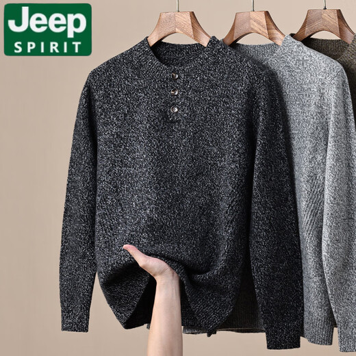 JEEP SPIRIT Wool Sweater Men's 2025 Autumn and Winter New Henley Collar Warm and Versatile Casual Bottoming Sweater Men's Sand Brown XL 180/96A(115)