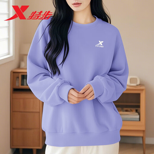 特步（XTEP）卫衣女装秋季新款纯色套头衫学生圆领长袖上衣女宽松潮流运动服女 【春秋薄款】浅紫 M 165 现货速发
