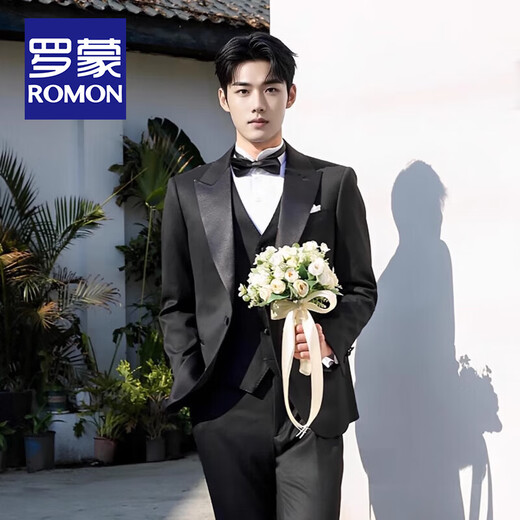 ROMON haute couture suit with lapel collar, groom's wedding suit, men's business professional formal dress, slim tuxedo dress, black single-breasted lapel collar/three-piece suit