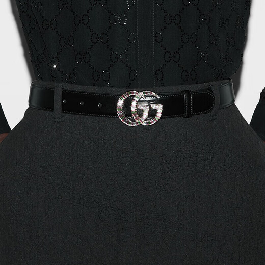 Gucci (Gucci) Frauen schwarzes Leder Doppelg Multi-Color-Kristallschnalle-Gürtel 3 cm 7955630yaug1047 Chinesische Valentinstagsgeschenk 65