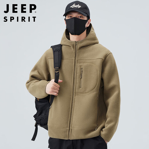 JEEP SPIRIT Jeep jacket men's autumn and winter trendy loose double-sided polar fleece hooded jacket men's top Khaki XL