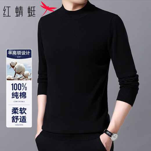 RED DRAGONFLY sweater for men, pure cotton, casual, fashionable, simple, versatile, comfortable, half turtleneck sweater, pullover bottoming shirt, black XL