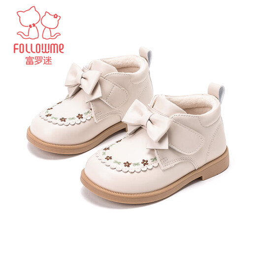 Fuluomi girls toddler shoes winter non-slip plus velvet princess boots infants and toddlers national style embroidered baby cotton shoes off-white 24