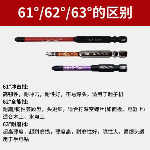 Hanpu strong magnetic anti-slip 63 magnet tungsten steel cross inner hexagonal handle 62 hand electric drill screwdriver electric bit 61 impact batch 65mm 2 pack