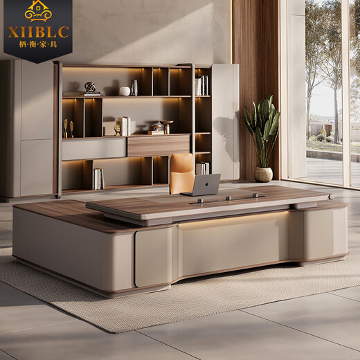 Qiheng (XIIBLC) desk boss desk and chair combination simple modern light luxury high-end office chairman desk president desk desk 1.8 meters single cabinet boss desk + boss chair A