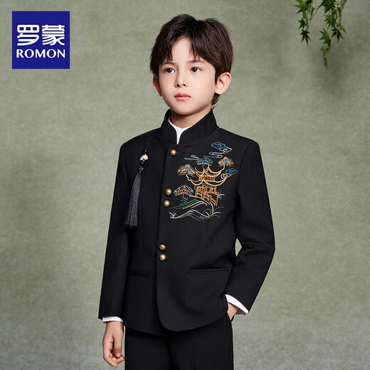Luo Meng Boys' New Chinese Suit Jacket Tang Suit Chinese Style Tunic Suit Children's Suit Performance Clothing Black 160