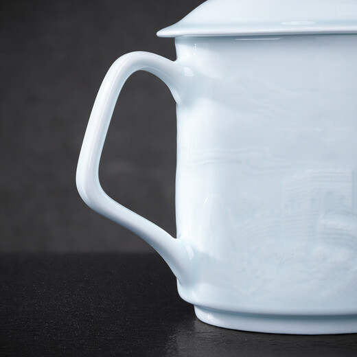 Jingdezhen (jdz) ceramic household Chinese-style handmade Great Wall tea cup tea set with lid office tea cup tea cup gift for elders shadow green relief Great Wall tea cup