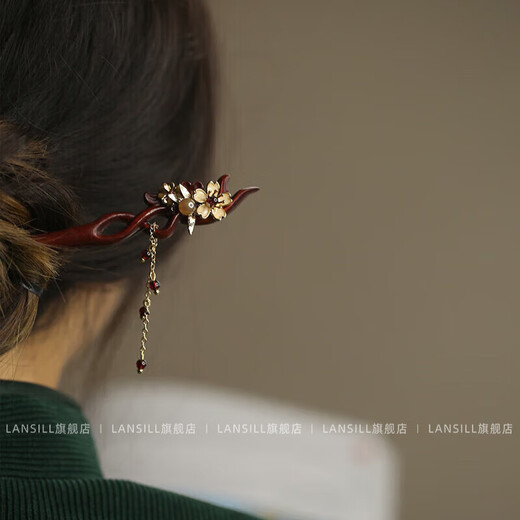 LANSILL antique sandalwood hairpin for women, new Chinese style Hanfu step rocker hairpin, practical Valentine's Day birthday gift for girlfriend H527 comb and painting style sandalwood set hairpin + comb + exquisite gift box