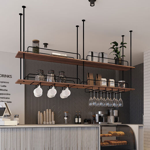 Dyed metal solid wood storage rack bar counter bar wall cabinet hanging rack wine rack wine glass wine cabinet dining room suspension second floor 1802780, no hooks