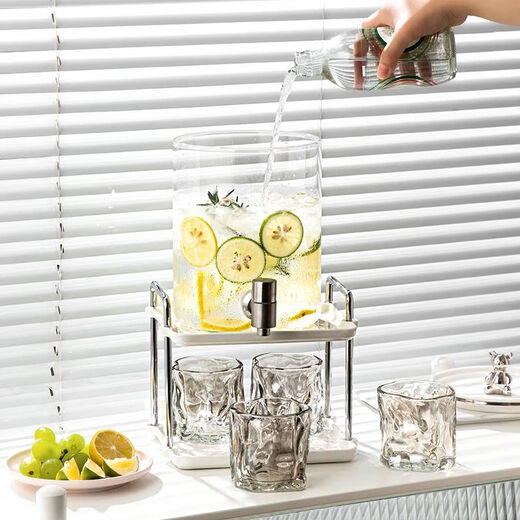 Atour Hotel same style glass cold kettle with faucet kettle large capacity household fruit tea beverage bucket 3.6L silver juice bucket + ceramic shelf