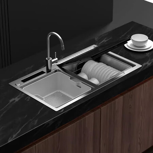 Dishwasher for 8-10 people, large capacity, double spray, small household smart fully automatic desktop embedded hot air drying, active oxygen sterilization and disinfection, S3 right machine, left sink with ultrasonic